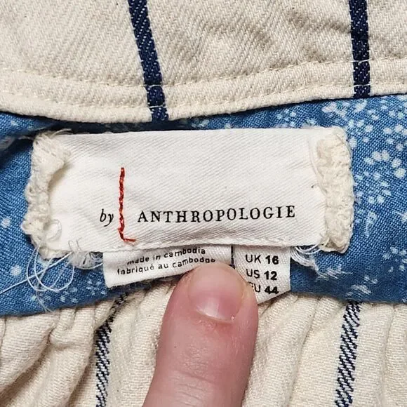 Anthropologie Womens 12 Heeda Ruffle Sleeve Striped Denim Jumpsuit Ivory Blue - Picture 4 of 9